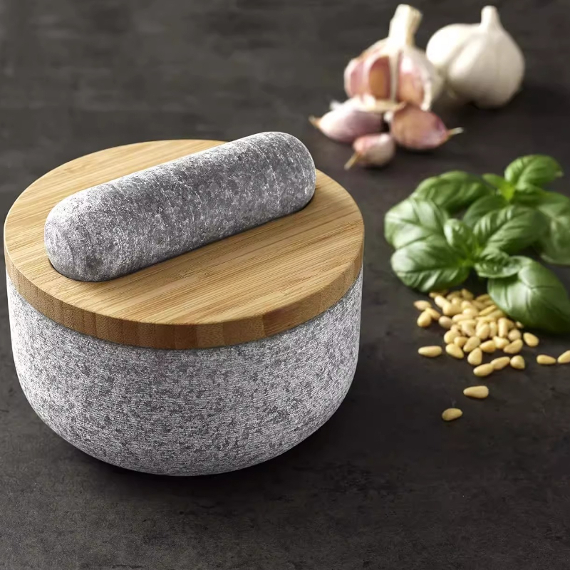 Mortar Pestle Granite - Бамбуковая крышка для гранитного ступка, каменный