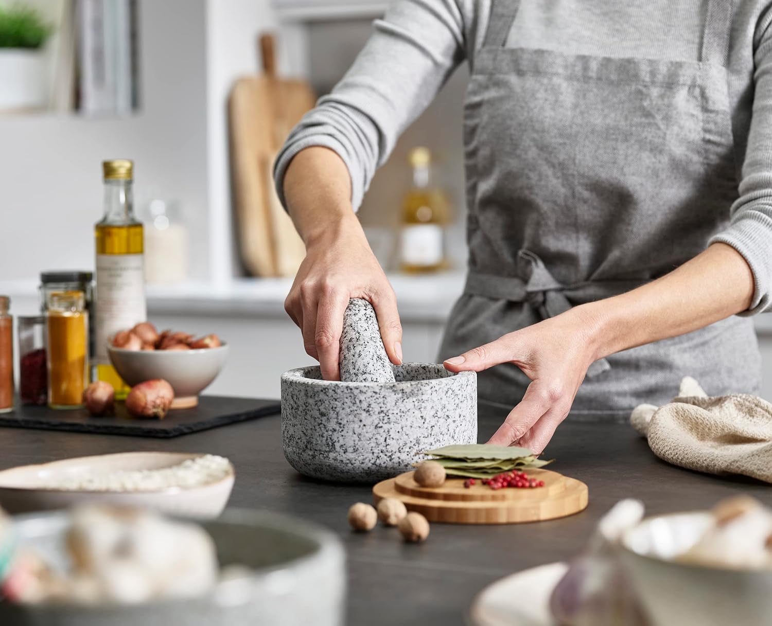 Бамбуковая крышка для гранитно – обзор и цена Mortar Pestle Granite