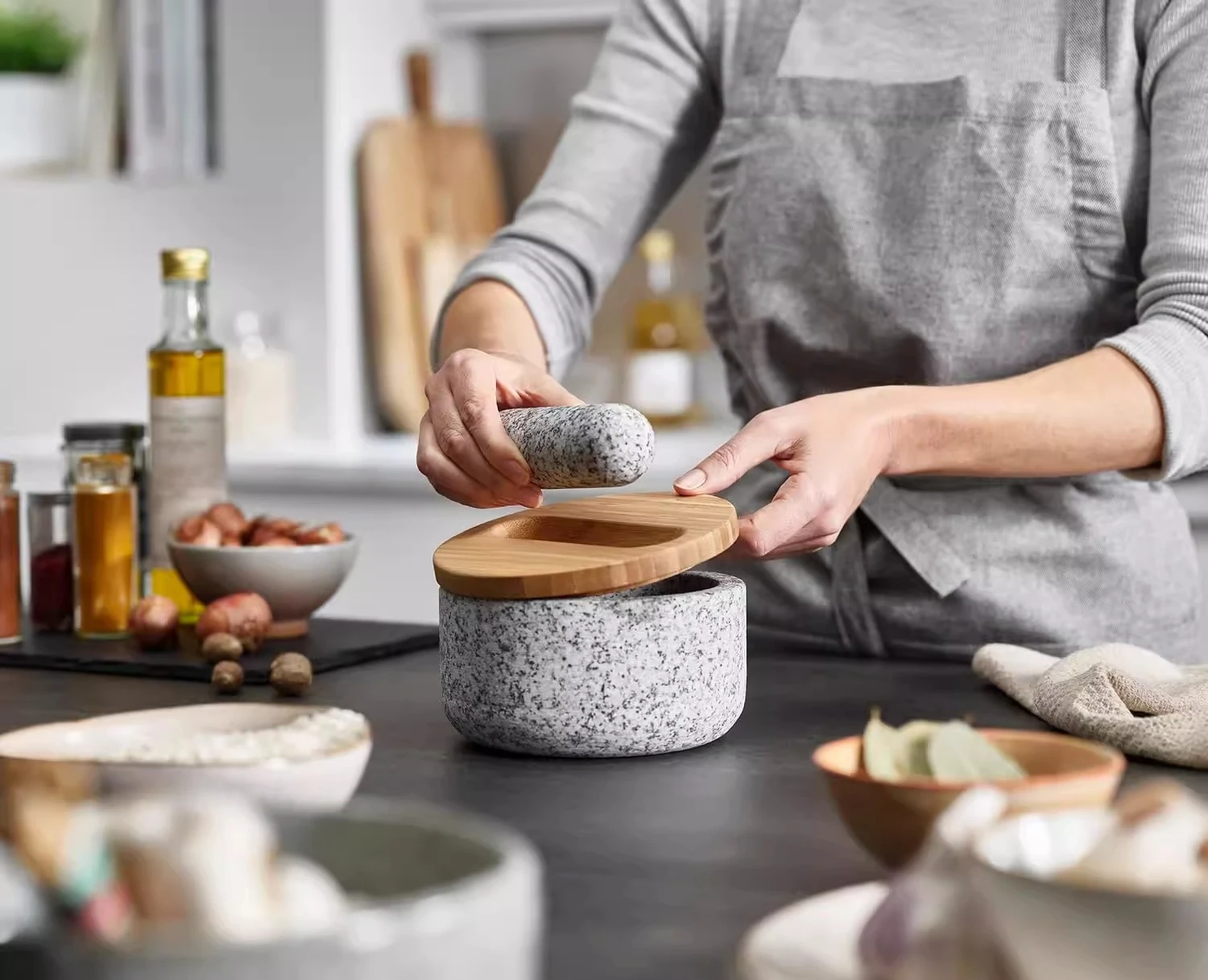 Бамбуковая крышка для гранитно – обзор и цена Mortar Pestle Granite